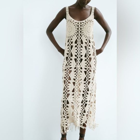 ZARA MACRAMÉ FRINGED KNIT DRESS - Picture 8 of 10